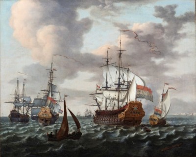 Schilderij met voorstelling van het linieschip Groot Frisia, het vlaggenschip van Tjerk Hiddesz de Vries, door Abraham Storck.